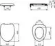 WC-Sitz von Ideal Standard mit ovaler Form, skizziert in verschiedenen Ansichten. Maße und Montagepunkte sind detailliert dargestellt.